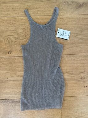 Zara Sheer Metallic Ribbed Tank Top - Silver Gold